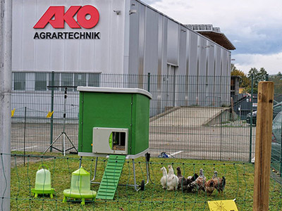 Außengelände von AKO mit Hühnern und mobilem Hühnerstall Mobile Coop